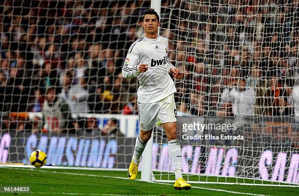 Cristiano Ronaldo of Real Madrid celebrates after scoring during the la Liga match between Real Madrid and Malaga at Estadio Santiago Bernabeu on...