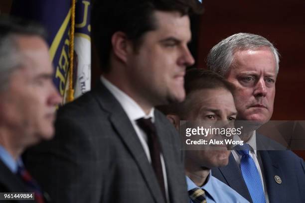 Rep. Mark Meadows , Rep. Jim Jordan , and Rep. Matt Gaetz listen during a news conference May 22, 2018 on Capitol Hill in Washington, DC. Rep. Zeldin...