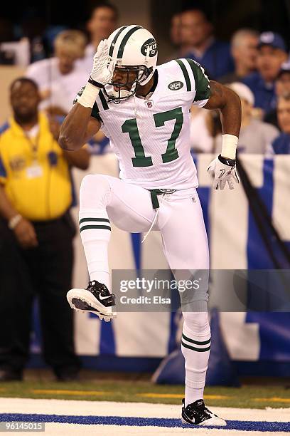 Wide receiver Braylon Edwards of the New York Jets celebrates in the endzone after catching an 80-yard touchdown pass in the second quarter against...