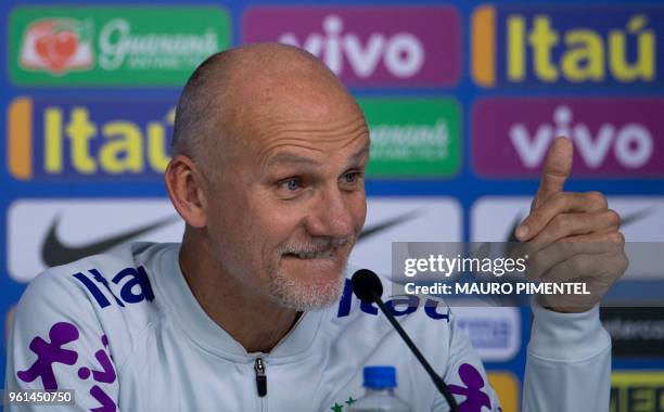 Brazil's national football goalkeeper coach and former World Cup 1994 champion Claudio Taffarel speaks during a press conference on the second...