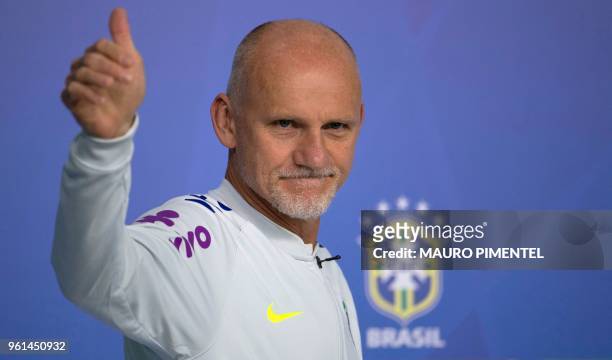 Brazil's national football goalkeeper coach and former World Cup 1994 champion Claudio Taffarel takes part in a press conference on the second...