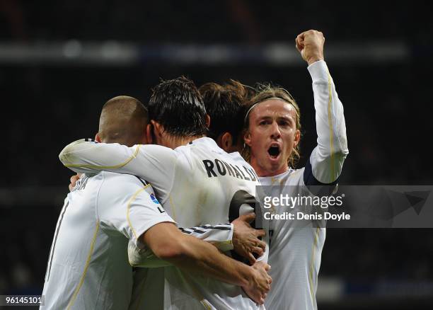 Cristiano Ronaldo of Real Madrid celebrates with Guti after scoring his first goal for Real during the La Liga match between Real Madrid and Malaga...