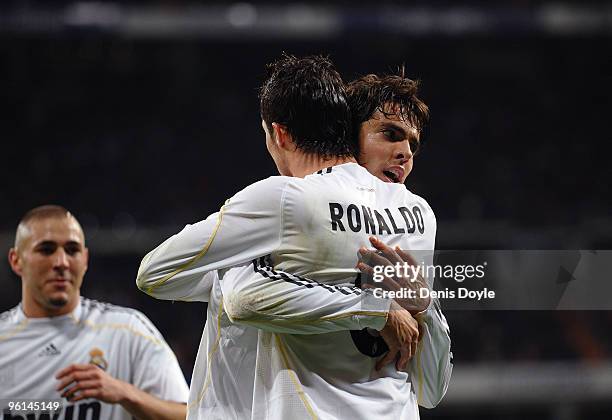 Cristiano Ronaldo of Real Madrid celebrates with Kaka after scoring his first goal for Real during the La Liga match between Real Madrid and Malaga...
