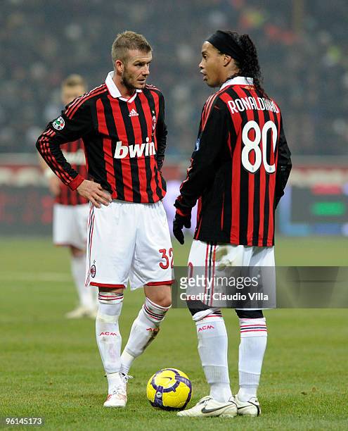David Beckham and Ronaldinho of AC Milan during the Serie A match between Inter Milan and AC Milan at Stadio Giuseppe Meazza on January 24, 2010 in...