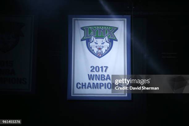 General view of the Minnesota Lynx 2017 WNBA Champions banner seen before the game against the Los Angeles Sparks on May 20, 2018 at Target Center in...