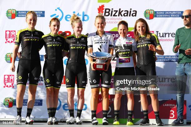 Podium / Annemiek van Vleuten of The Netherlands / Amanda Spratt of Australia White Leader Jersey / Lucy Kennedy of Australia / Georgia Williams of...