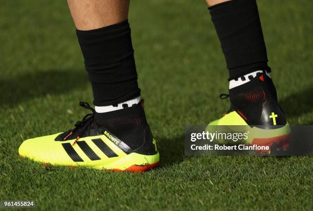 The boots of James Troisi are seen with his wife's name Bronte printed on the side during the Australian Socceroos training session at the Gloria...