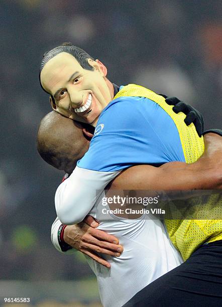 Marco Materazzi, wearing a mask, and Maicon of FC Internazionale Milano celebrate after the Serie A match between Inter Milan and AC Milan at Stadio...