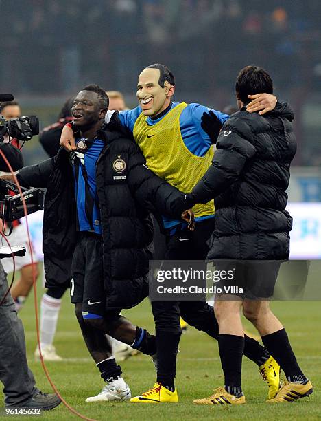 Sulley Muntari, Marco Materazzi and Diego Milito of FC Internazionale Milano celebrate after the Serie A match between Inter Milan and AC Milan at...