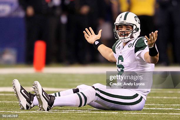 Quarterback Mark Sanchez of the New York Jets reacts in the third quarter against the Indianapolis Colts during the AFC Championship Game at Lucas...