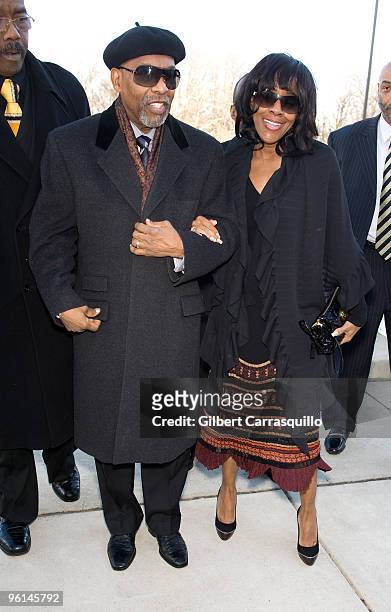 Leon Huff and wife Regina Huff attend the Teddy Pendergrass memorial service at the Enon Tabernacle Baptist Church on January 23, 2010 in...