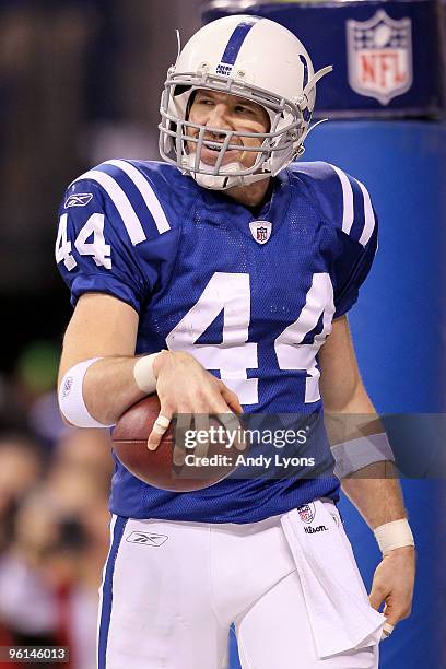 Tight end Dallas Clark of the Indianapolis Colts reacts after scoring a 15-yard touchdown reception in the fourth quarter against the New York Jets...