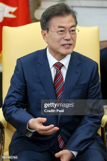 South Korean President Moon Jae-in speaks during a meeting with President Donald Trump in the Oval Office of the White House on May 22, 2018 in...