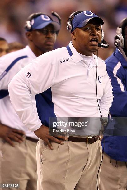 Head coach Jim Caldwell of the Indianapolis Colts looks on from the sideline in the fourth quarter during the AFC Championship Game against the New...
