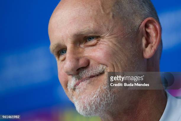The Goalkeeping Coach of the Brazil national team, Claudio Taffarel, attends a press conference at Granja Comary Training Center for the first phase...