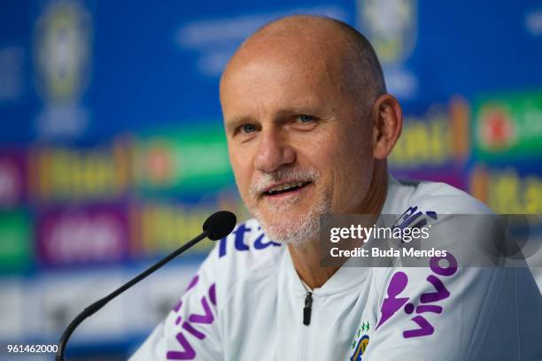 The Goalkeeping Coach of the Brazil national team, Claudio Taffarel, attends a press conference at Granja Comary Training Center for the first phase...