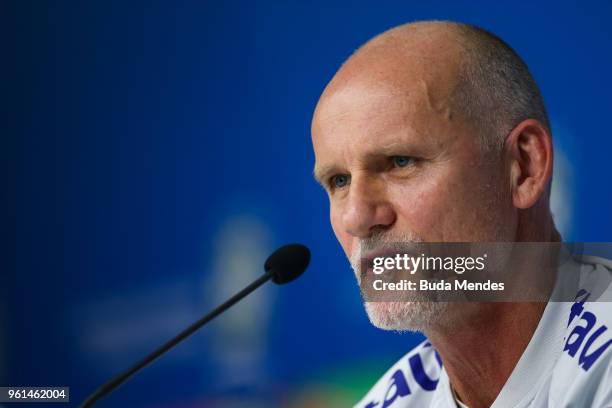 The Goalkeeping Coach of the Brazil national team, Claudio Taffarel, attends a press conference at Granja Comary Training Center for the first phase...
