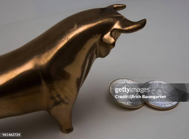 Symbol photo on the topics cryptocurrency, Ethereum, currency speculation, power consumption, etc. The picture shows a bull with Ethereum coins .
