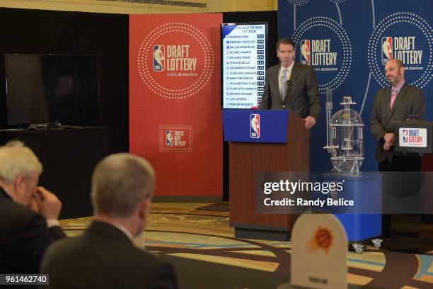 Kiki VanDeWeghe, Executive Vice President of Basketball Operations for the NBA, speaks to the room during the 2018 NBA Draft Lottery at the Palmer...