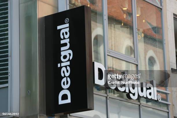 The logo of the clothing brand Desigual headquartered in Barcelona, Catalonia, Spain, which is notable for its trendy patchwork designs, intense...