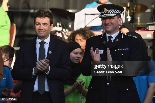 Greater Manchester mayor Andy Burnham and Chief Constable of Greater Manchester Police Ian Hopkins attend as a choir performs to pay tribute to the...