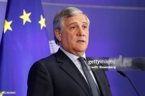 Antonio Tajani, president of the European Parliament, speaks during a news conference following testimony by Mark Zuckerberg, chief executive officer...