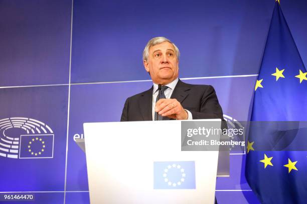 Antonio Tajani, president of the European Parliament, speaks during a news conference following testimony by Mark Zuckerberg, chief executive officer...