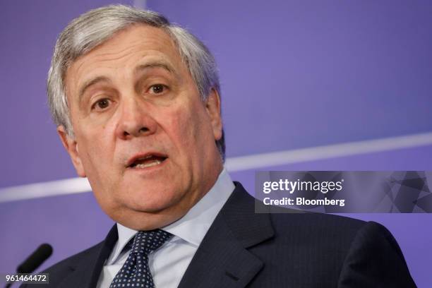 Antonio Tajani, president of the European Parliament, speaks during a news conference following testimony by Mark Zuckerberg, chief executive officer...