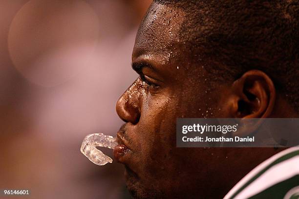 Brickashaw Ferguson of the New York Jets looks on from the sidelines during the fourth quarter of the game against the Indianapolis Colts during the...