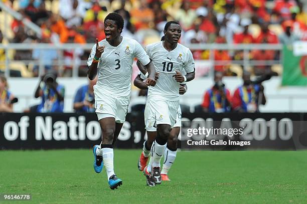 Asamoah Gyan of Ghana celebrates his goal with Kwadwo Asamoah of Ghana during the Africa Cup of Nations Quarter Final match between Angola and Ghana...