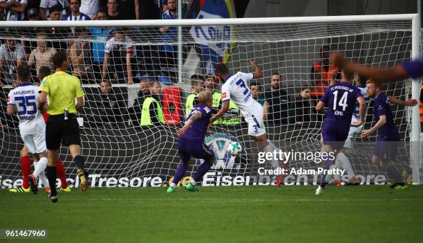 Soeren Bertram of FC Erzgebirge Aue scores his third goal in the relegation 2018 2. Bundesliga Playoff Leg 2 match between Erzgebirge Aue and...