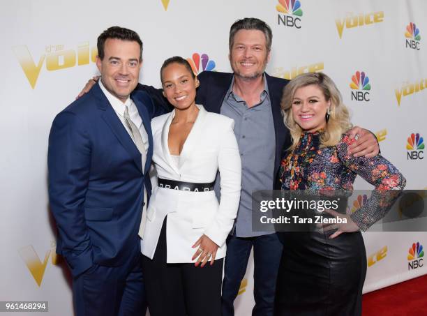 Carson Daly, Alicia Keys, Blake Shelton and Kelly Clarkson attend NBC's 'The Voice' Season 14 finale taping on May 21, 2018 in Universal City,...