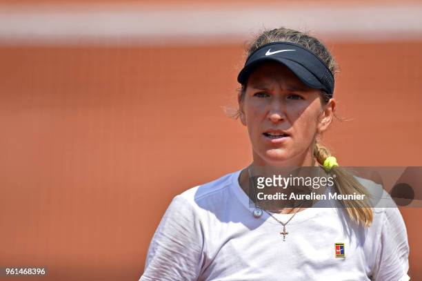Victoria Azarenka of Bielorussia reacts during a practice session ahead of the French Open at Roland Garros on May 22, 2018 in Paris, France.