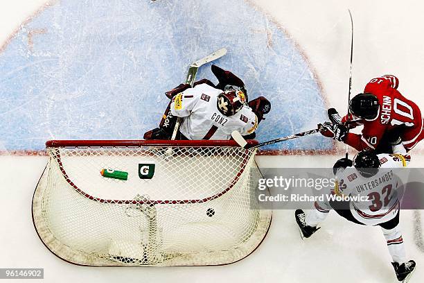 Brayden Schenn of Team Canada score a goal on Benjamin Conz of Team Switzerland during the 2010 IIHF World Junior Championship Tournament Semifinal...