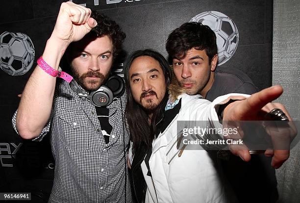 Mom Jeans, Steve Aoki and Jordan Masterson attend the AXECYB.com party on January 23, 2010 in Park City, Utah.