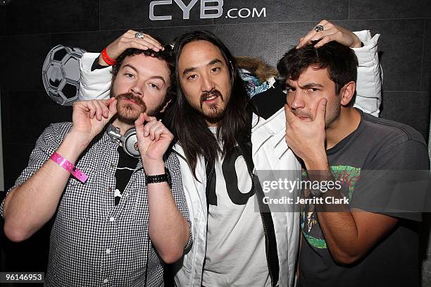 Mom Jeans, Steve Aoki and Jordan Masterson attend the AXECYB.com party on January 23, 2010 in Park City, Utah.