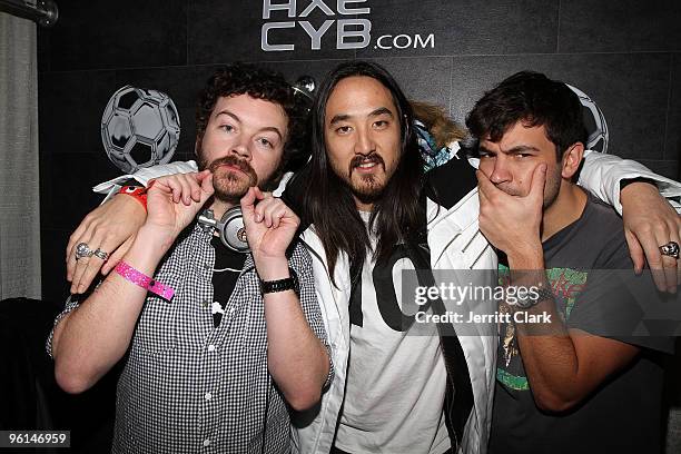Mom Jeans, Steve Aoki and Jordan Masterson attend the AXECYB.com party on January 23, 2010 in Park City, Utah.
