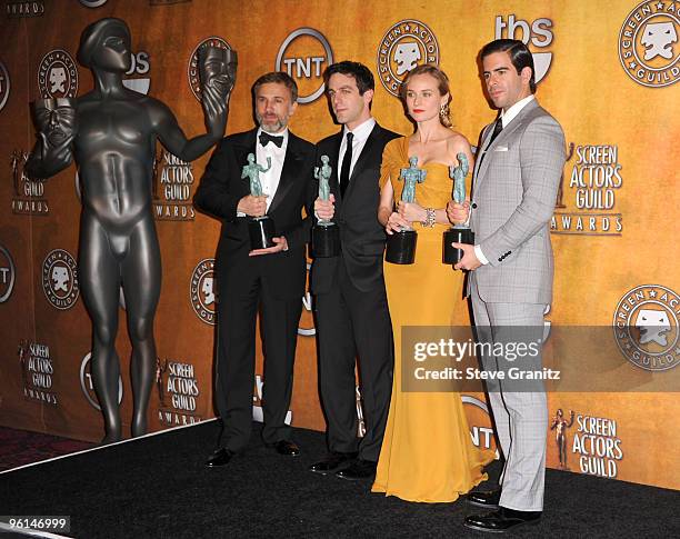 Actors Christoph Waltz, B.J. Novak, Diane Kruger and Eli Roth poses in the press room at the 16th Annual Screen Actors Guild Awards held at The...