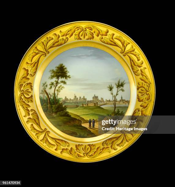 Dessert plate depicting the Battlefield of Badajoz, Spain, 1810s. Item in Apsley House, London, from the Wellington Museum. Part of a dinner service...