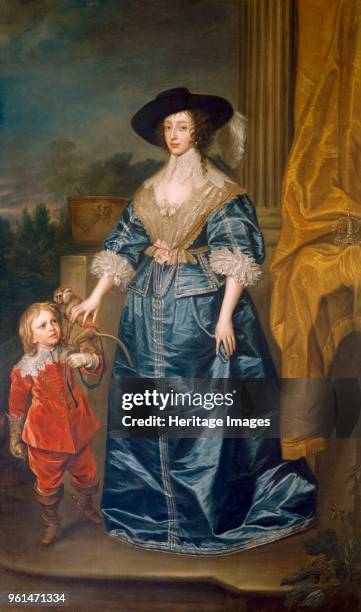 Queen Henrietta Maria and the Dwarf Sir Jeffrey Hudson', 17th century. The third daughter of King Henry IV of France, Henrietta Maria married King...