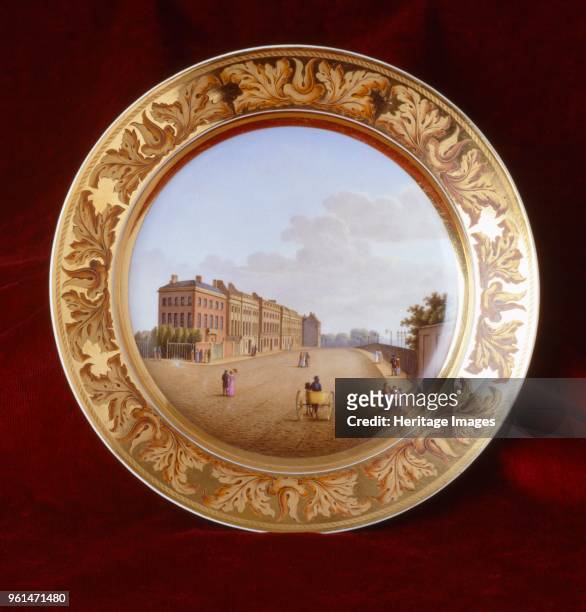 Plate showing a view of Apsley House, London, circirca 1819. Item in Apsley House, London, from the Wellington Museum. Part of a dinner service which...