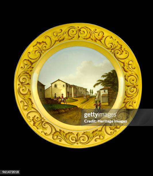 Dessert plate depicting the British headquarters at Vimeiro, Portugal, 1808 . Item in Apsley House, London, from the Wellington Museum. Part of a...