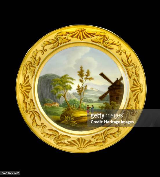 Dessert plate depicting the battlefield of Roleia , Portugal, 1810s. Item in Apsley House, London, from the Wellington Museum. Part of a dinner...