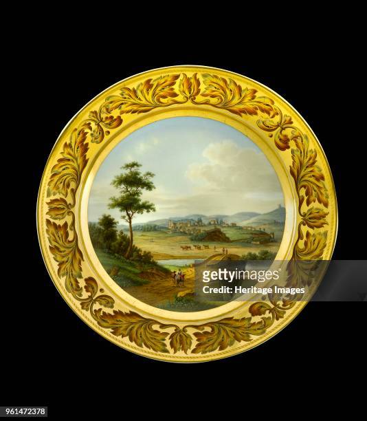 Dessert plate depicting the battlefield of Vimeiro, Portugal, 1810s. Item in Apsley House, London, from the Wellington Museum. Part of a dinner...