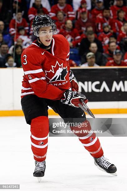 Travis Hamonic of Team Canada skates during the 2010 IIHF World Junior Championship Tournament Semifinal game against Team Switzerland on January 3,...