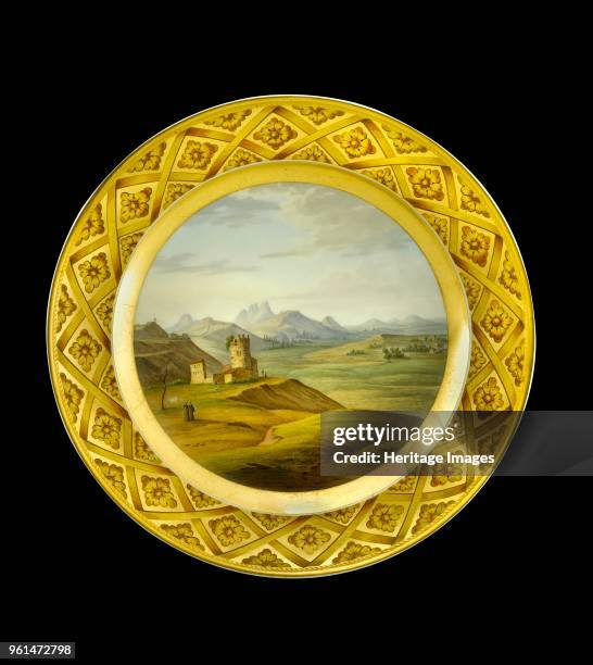 Dessert plate depicting the Lines of Torres Vedras, Portugal, 1810s. This series of forts was built in secret in 1809-1810 to defend Lisbon. Item in...