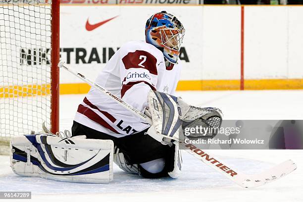 Janis Kalnins of Team Latvia gets down to stop a shot during the 2010 IIHF World Junior Championship Tournament Relegation game against Team Czech...