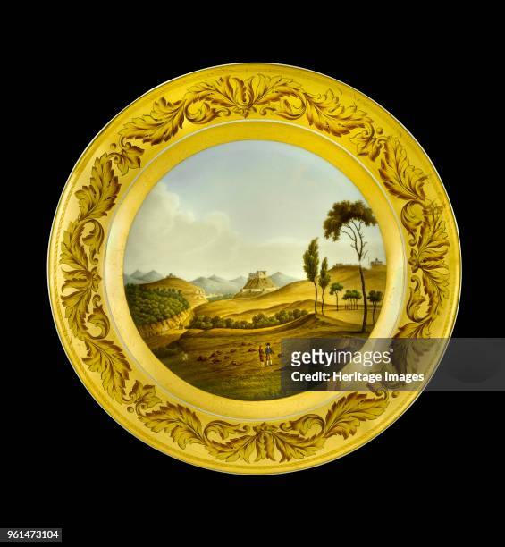 Dessert plate depicting the Lines of Torres Vedras, Portugal, 1810s. This series of forts was built in secret in 1809-1810 to defend Lisbon. Item in...