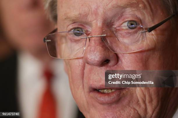 Sen. Johnny Isakson talks to reporters following the weekly Senate Republican policy luncheon at the U.S. Capitol May 22, 2018 in Washington, DC....