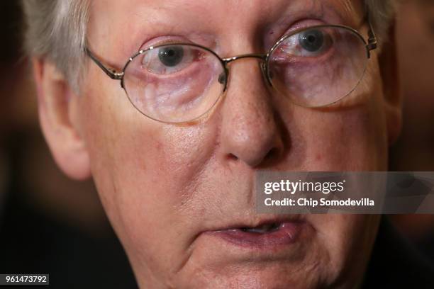 Senate Majority Leader Mitch McConnell talks to reporters follow the weekly Senate Republican policy luncheon at the U.S. Capitol May 22, 2018 in...